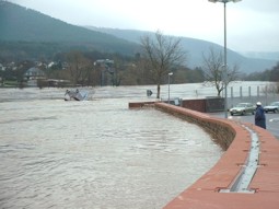 Foto des am Schutzsystem anstehenden Hochwassers