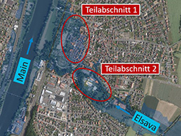 Luftbild mit Abschnitt der Mainhochwässer und Abschnitt der Elsava-Hochwässer