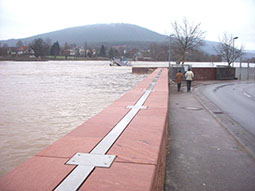 Foto der Schutzwand mit anstehendem Hochwasser und Fußgängern auf der anderen Seite der Mauer