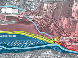 Luftbild mit eingezeichneten Bauwerken und Überschwemmungsbereich