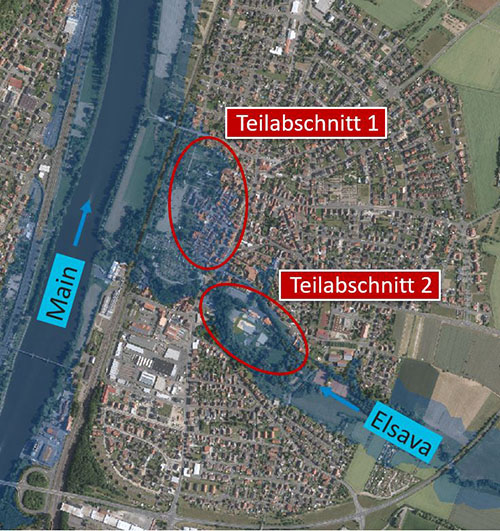 Luftbild mit Abschnitt der Mainhochwässer und Abschnitt der Elsava-Hochwässer