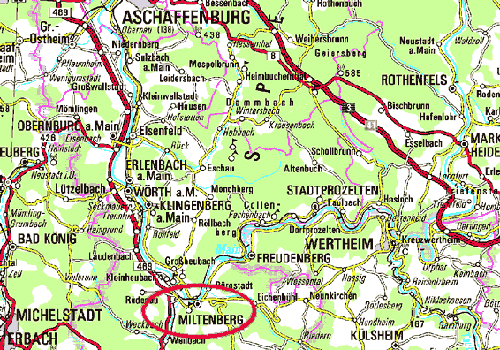 Lage der Stadt Miltenberg auf der topografischen Karte
