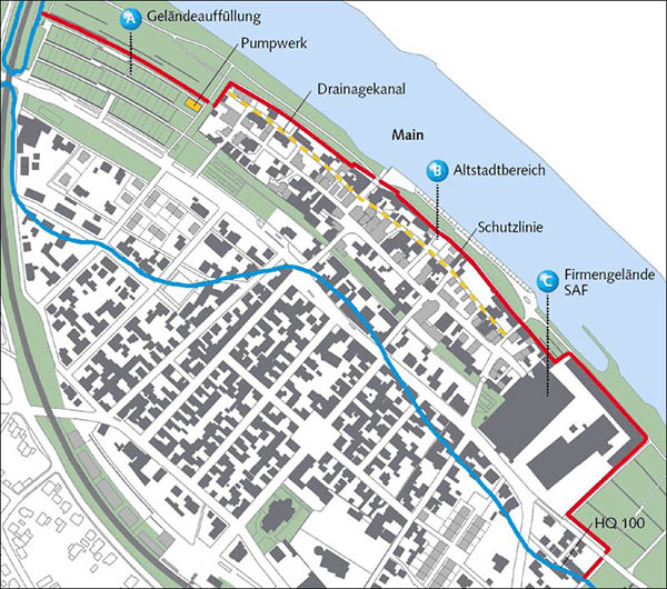 Karte mit wichtigen Elementen des Schutzsystemes und Überschwemmungsgrenze HQ100