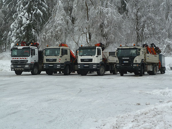 Foto der vier LKW in Schnee und Eis